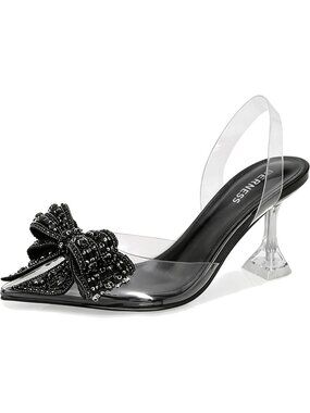 Women's Black Crystal Bow Clear Slingback Pointed Closed Toe Comfortable Heels